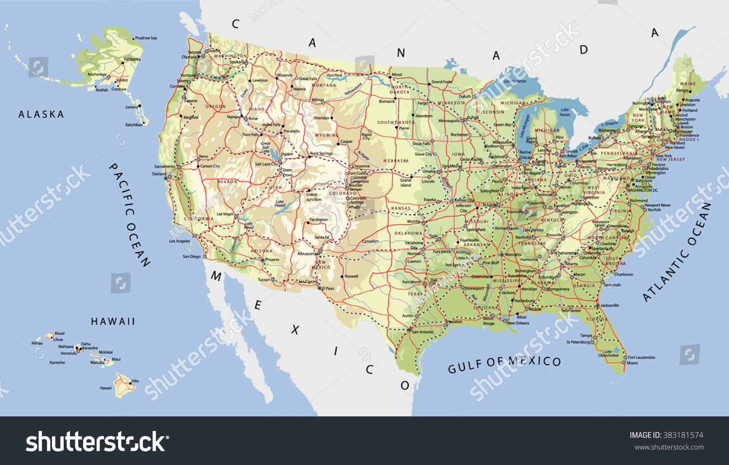 美国非常详细的地图。与城市,公路、铁路、湖