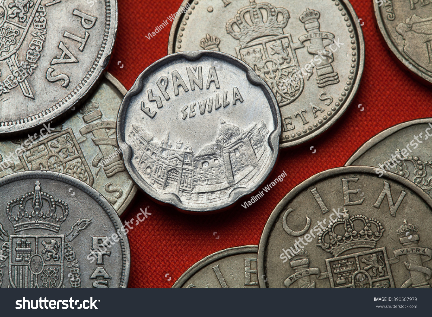 西班牙的硬币。描述在西班牙塞维利亚地标50