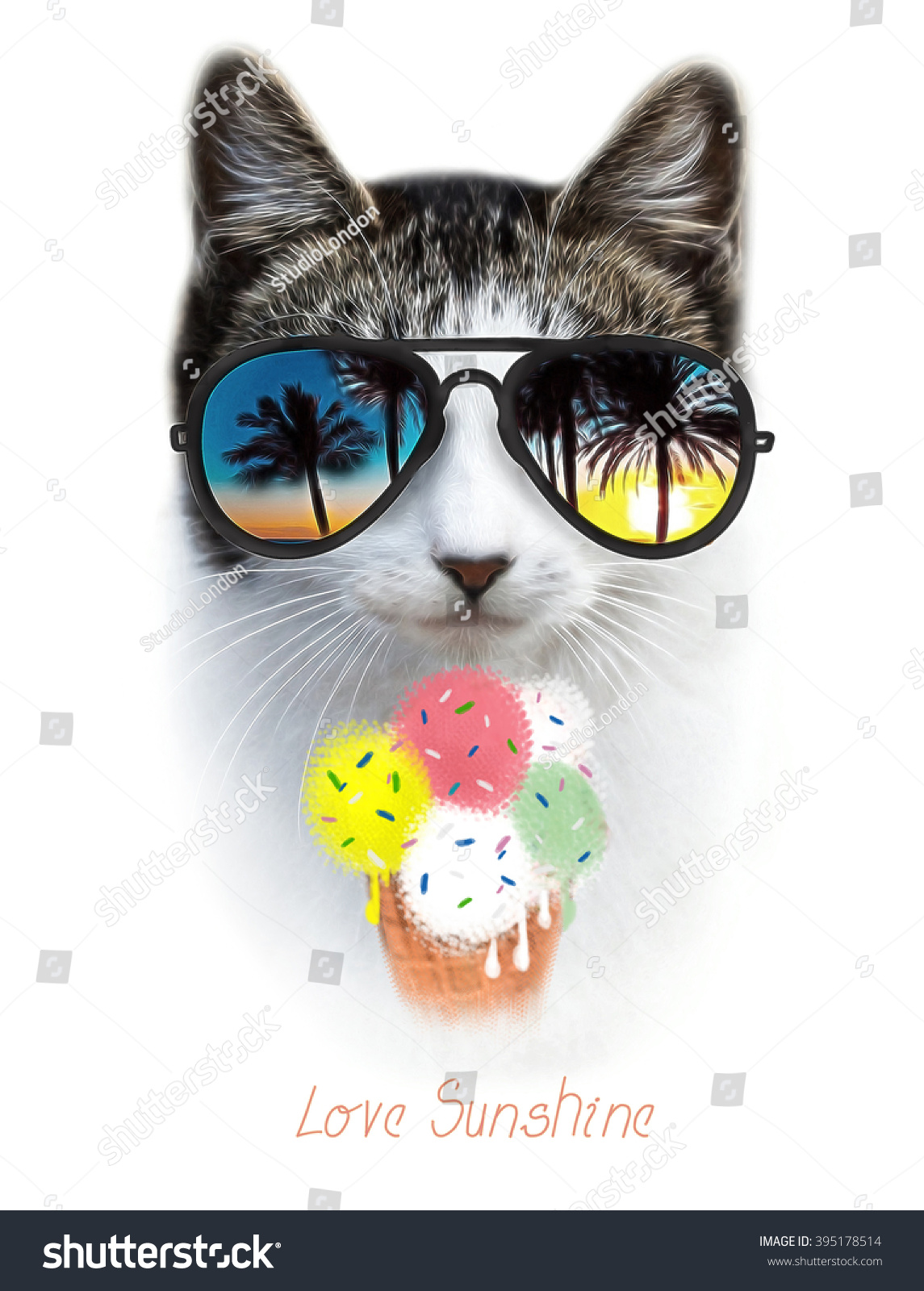 猫插图\/冰淇淋猫\/ t恤打印\/水彩猫\/猫海报\/动物打