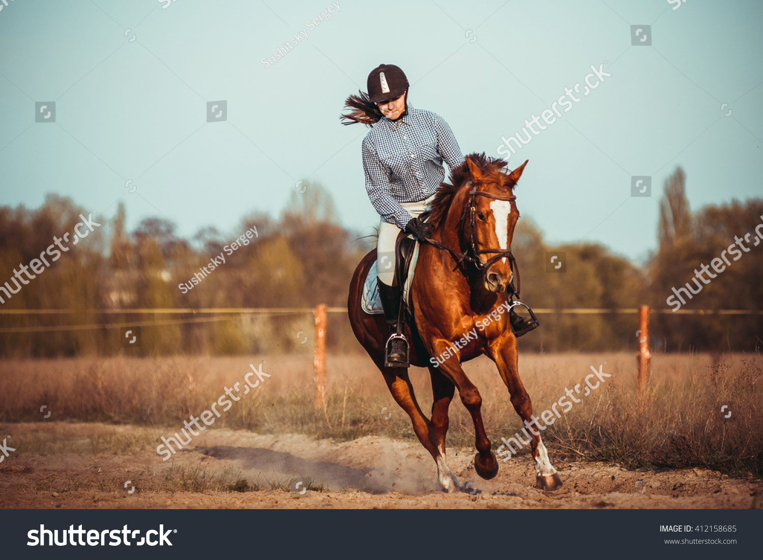 一个美丽的年轻女子骑着一匹马在一个黑色的头