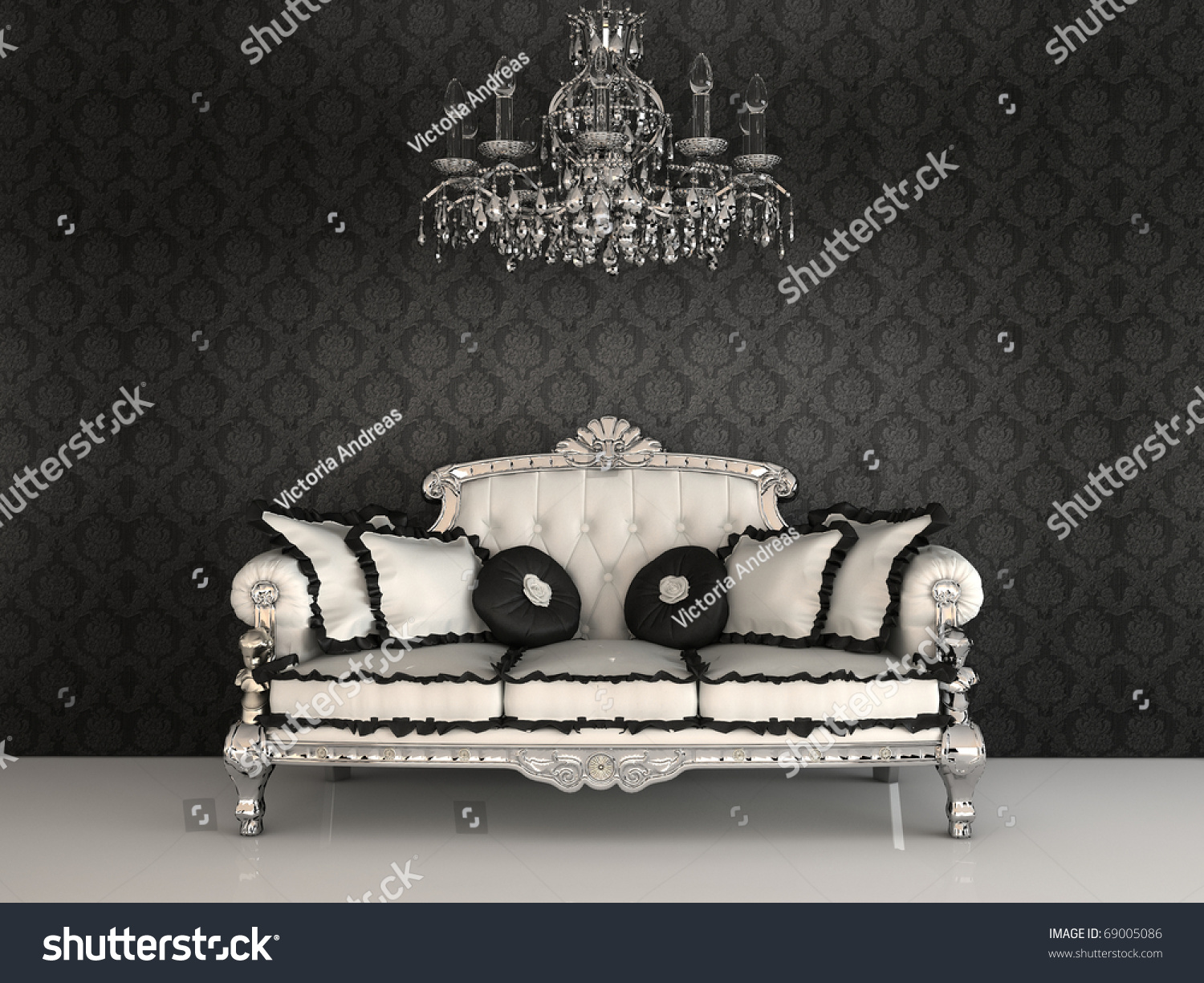 皇家沙发和枕头和吊灯在豪华的室内装饰壁纸-