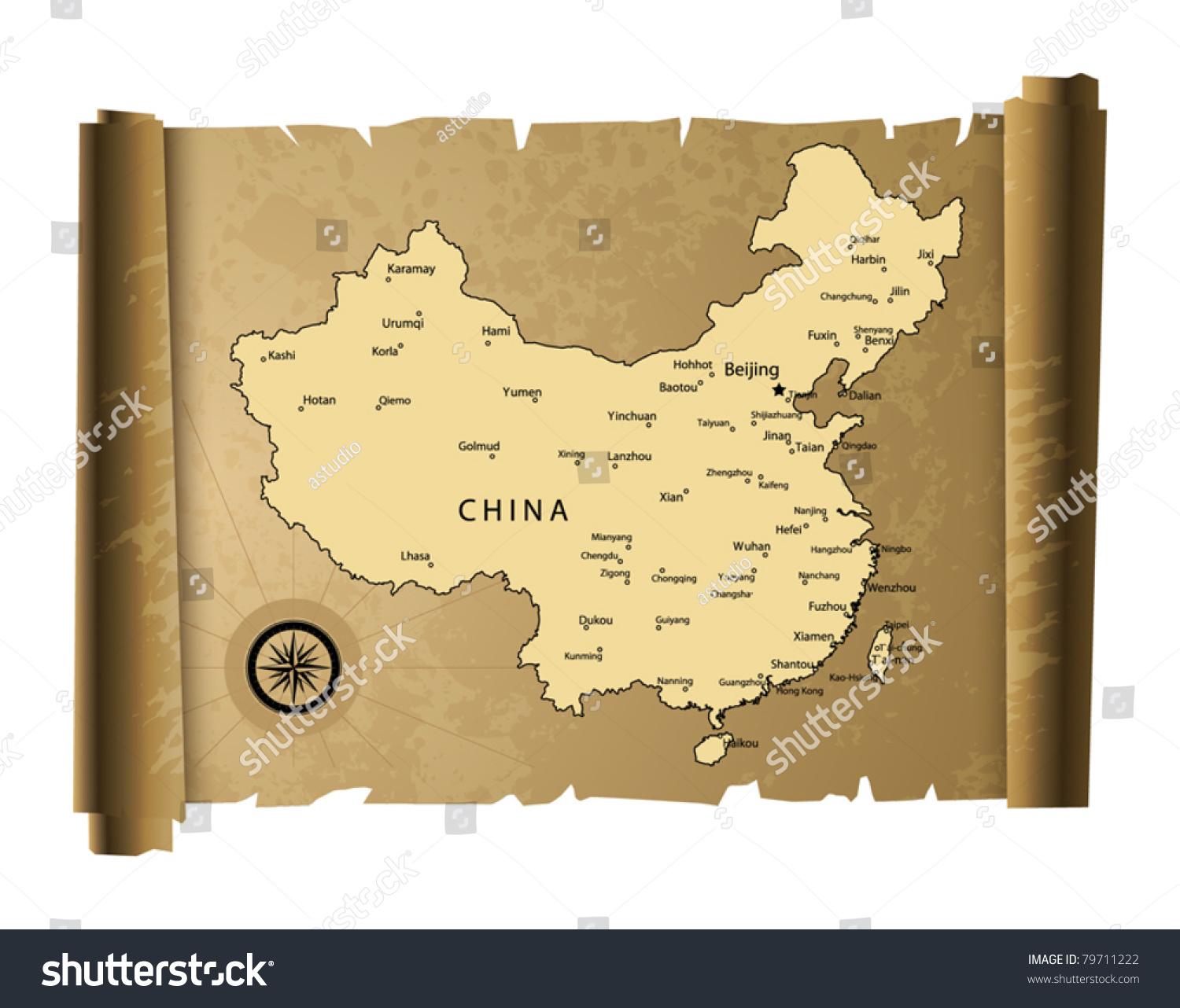 老纸中国地图,矢量插图-符号\/标志,交通运输-海