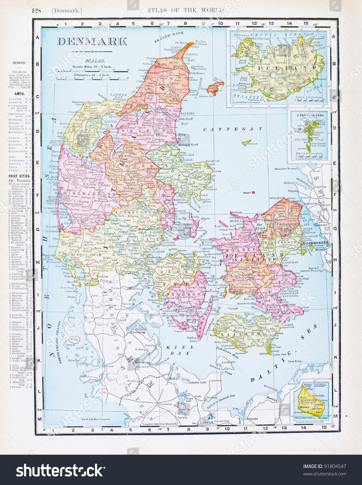 丹麦和冰岛的地图从Spofford世界地图集,印在美