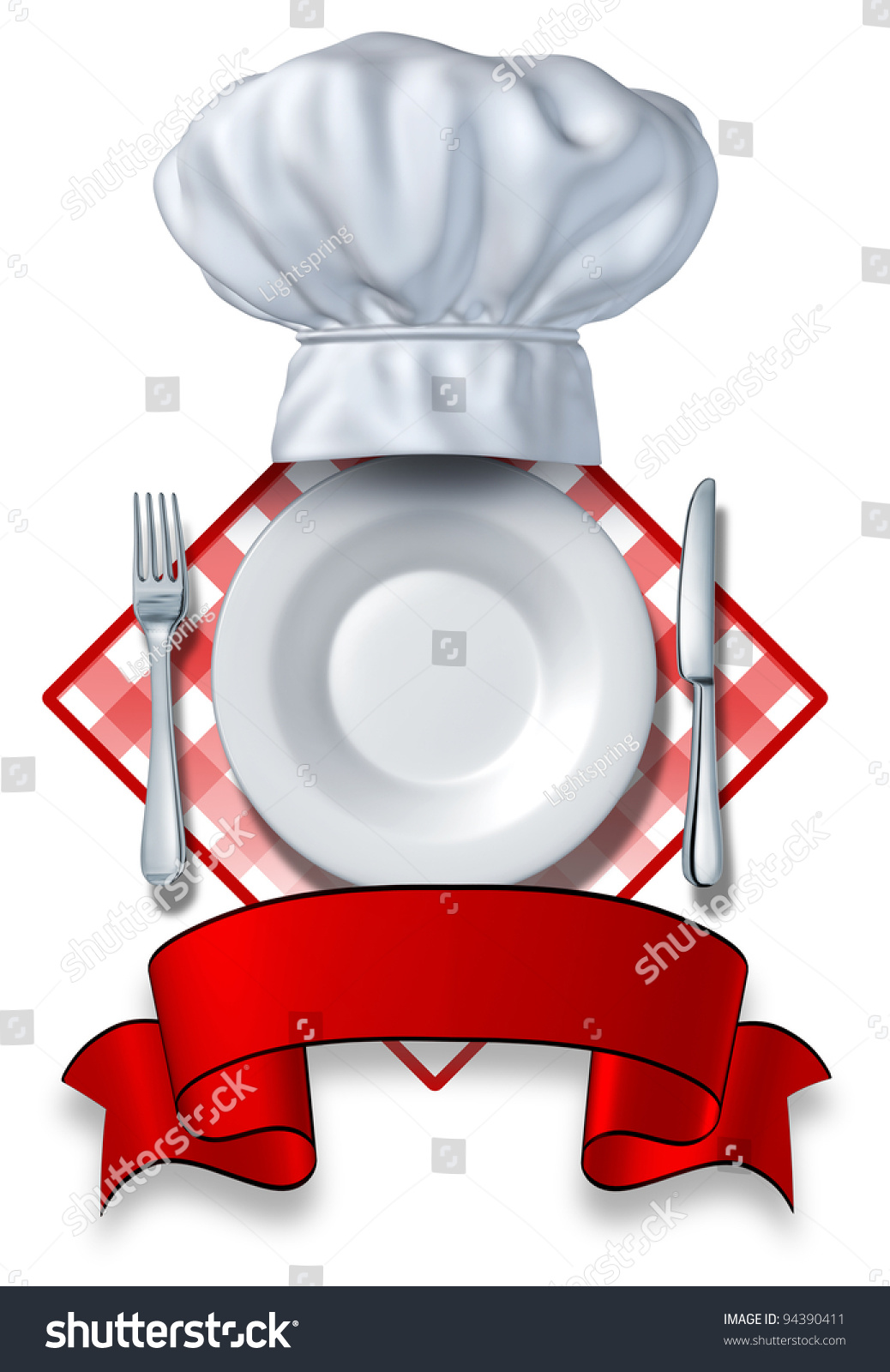 餐厅设计板和厨师的帽子用叉子和刀在空白区域