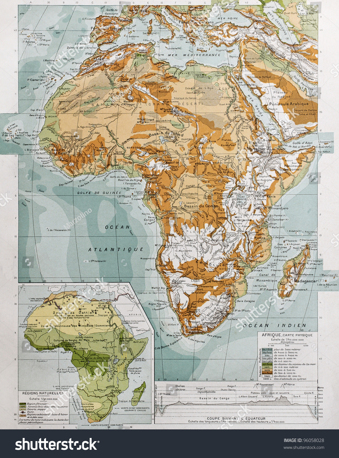 非洲物理图谱与自然区域插入地图。保罗维达尔