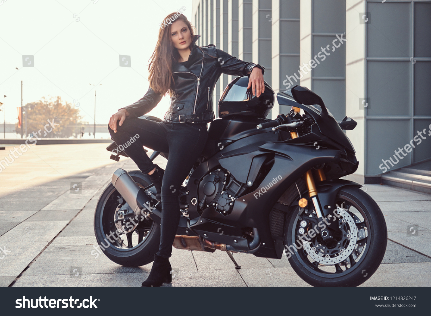 Beautiful Biker Girl Leaning On Her Stock Photo 1214826247 | Shutterstock