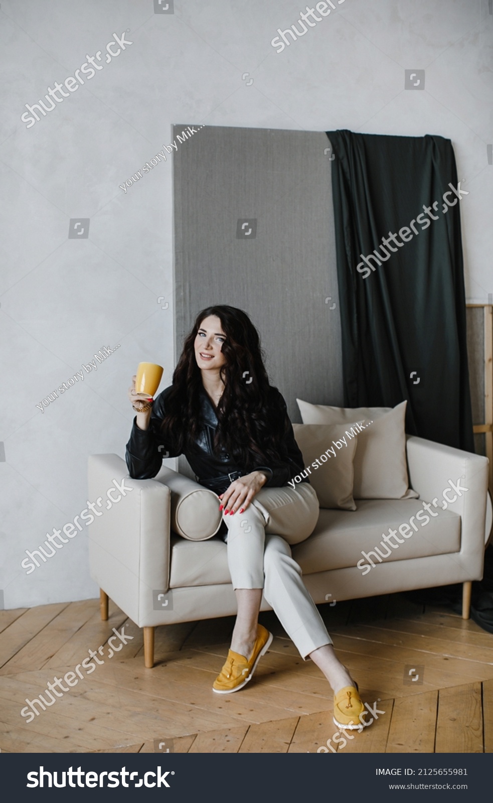 Beautiful Curlyhaired Girl Leather Jacket Poses Stock Photo 2125655981 ...