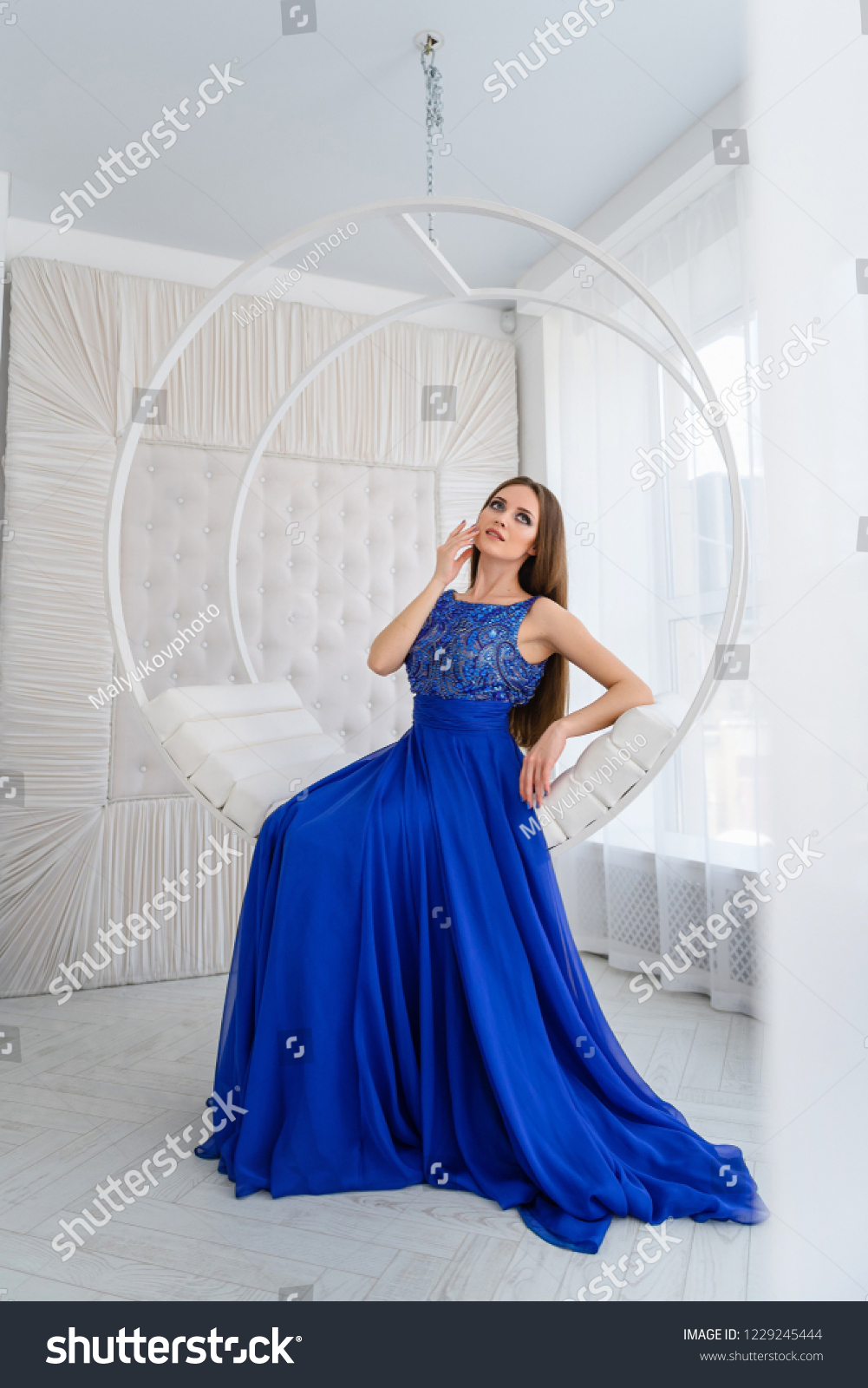 Beautiful Girl Blue Long Dress Posing Stock Photo Shutterstock