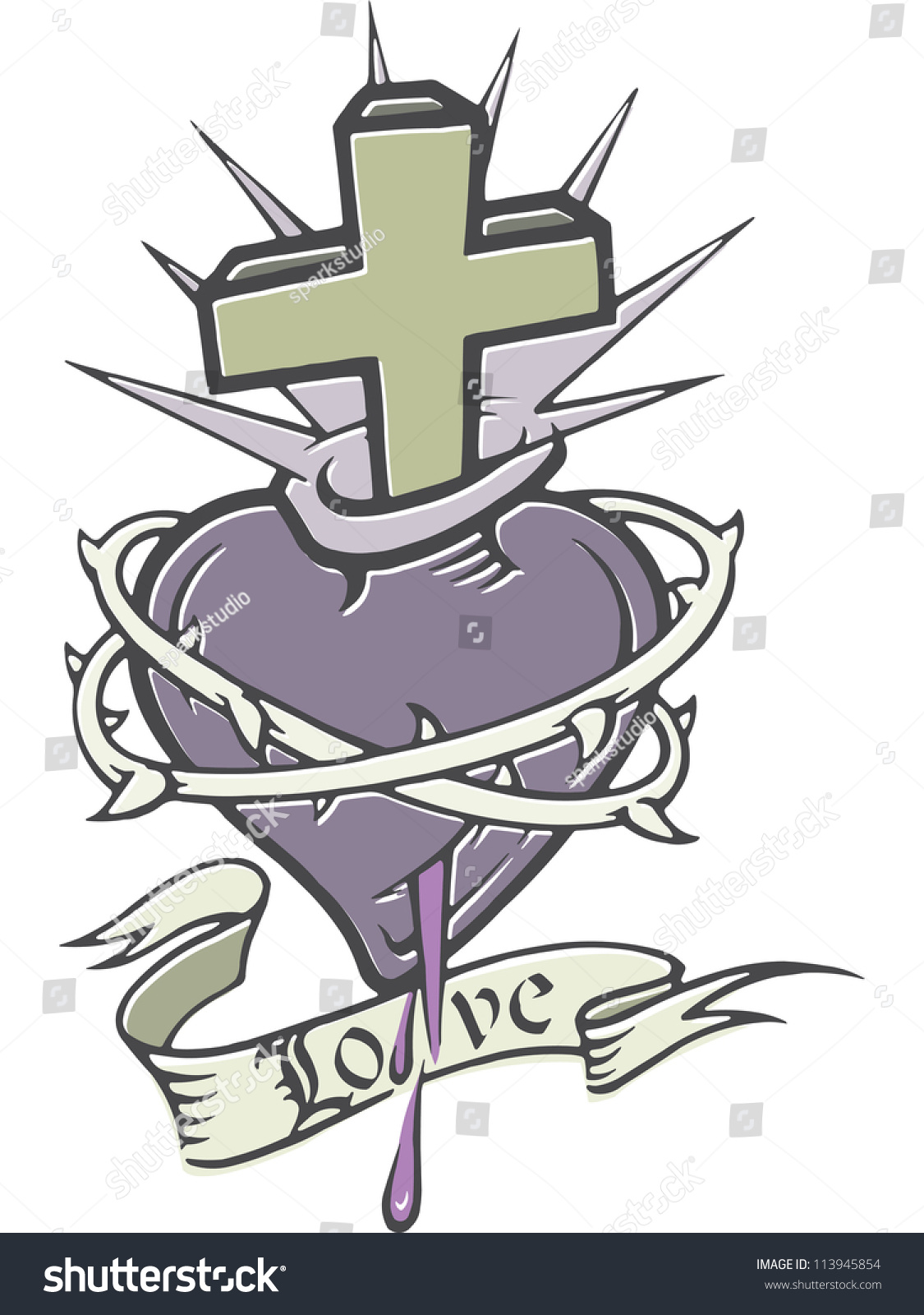 A Bleeding Heart With Thorns, A Cross And A Banner Stock Photo ...