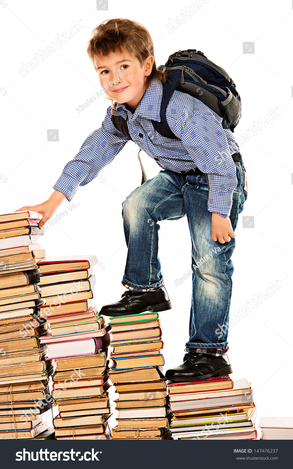 A Boy Climbing The Stairs Of Books. Education. Isolated Over White ...