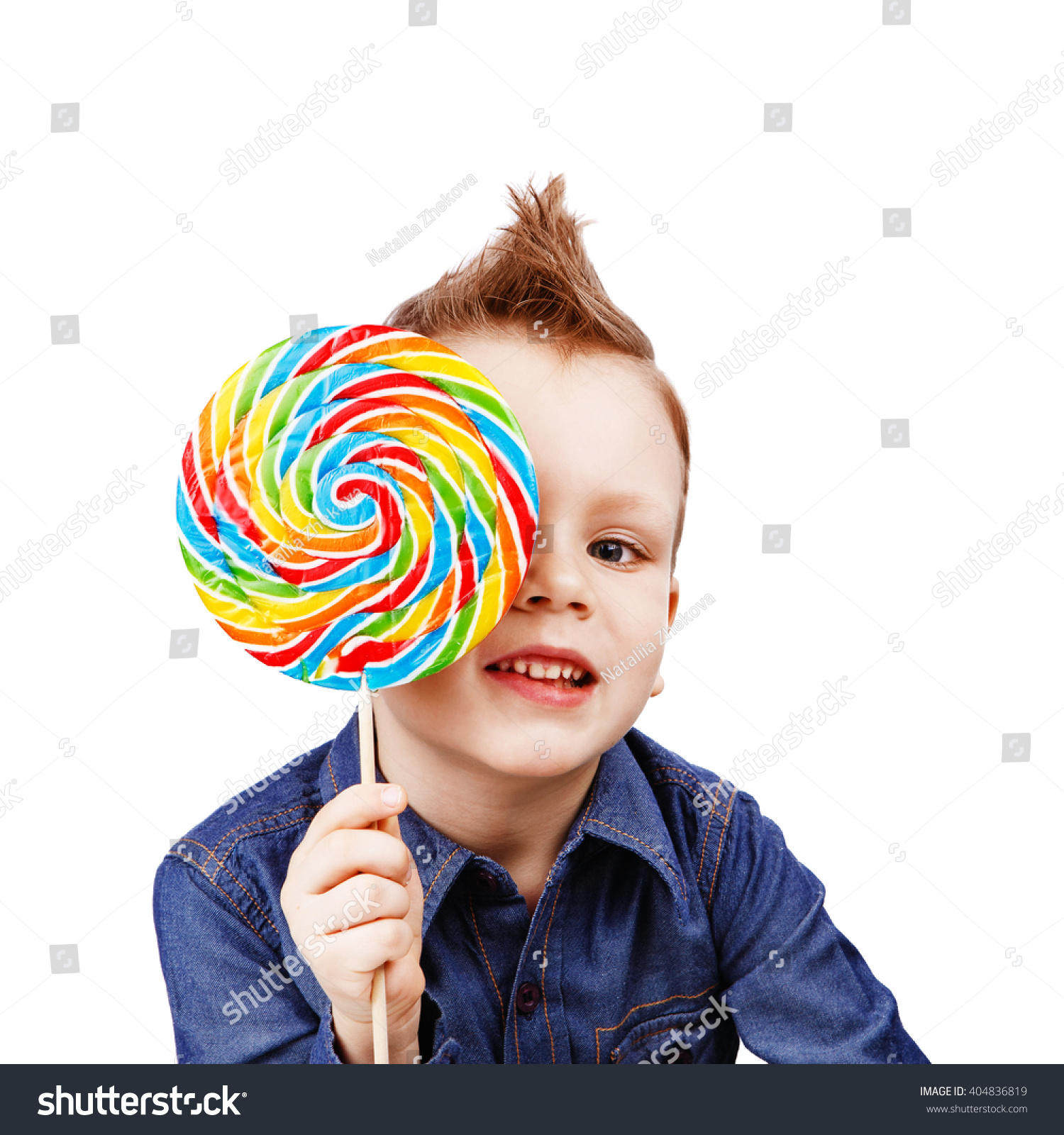 Boy Denim Shirt Eating Lollipop Happy Stock Photo 404836819 | Shutterstock