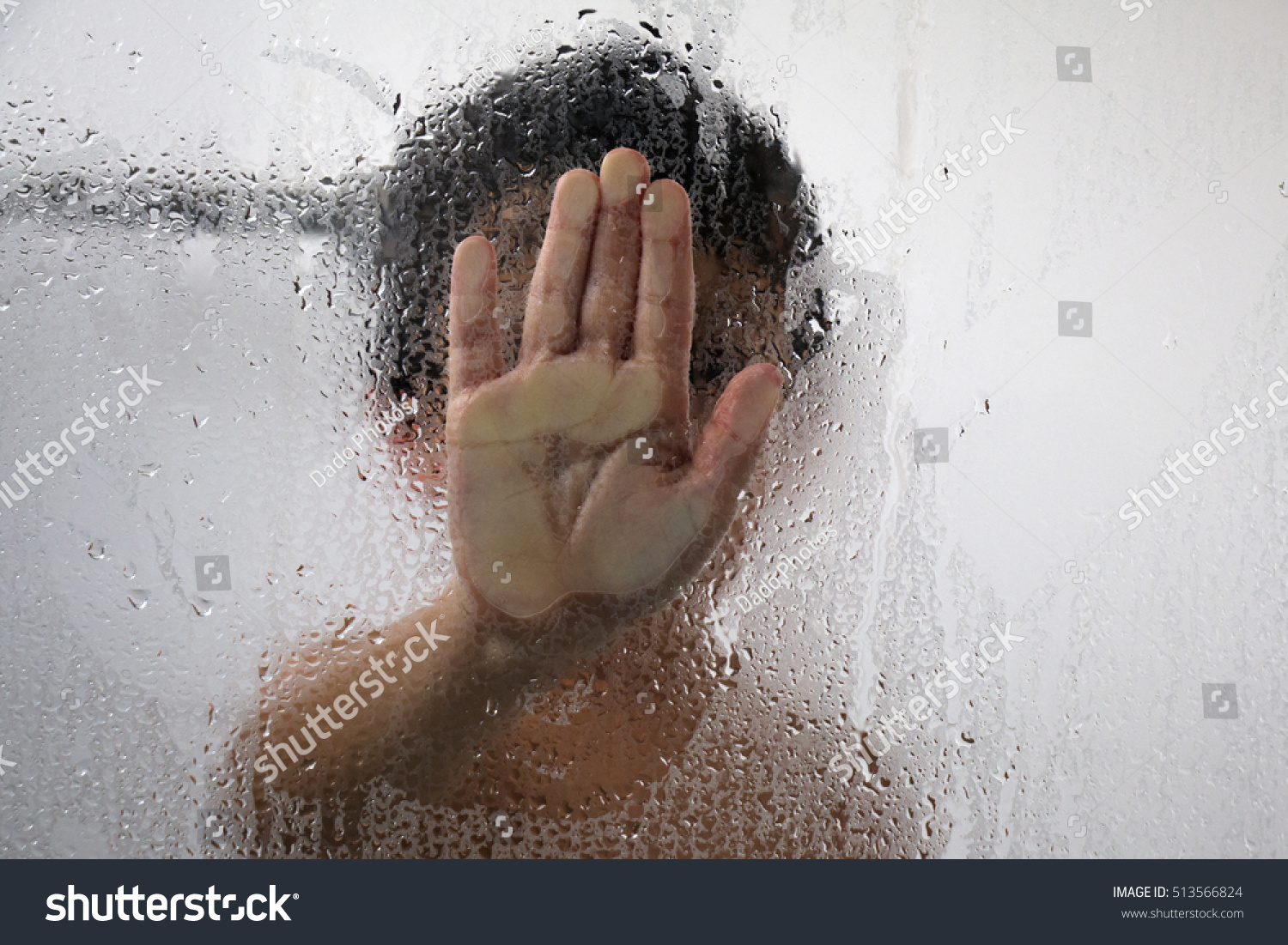 Boy His Hand Pressed Against Wet Stock Photo 513566824 S