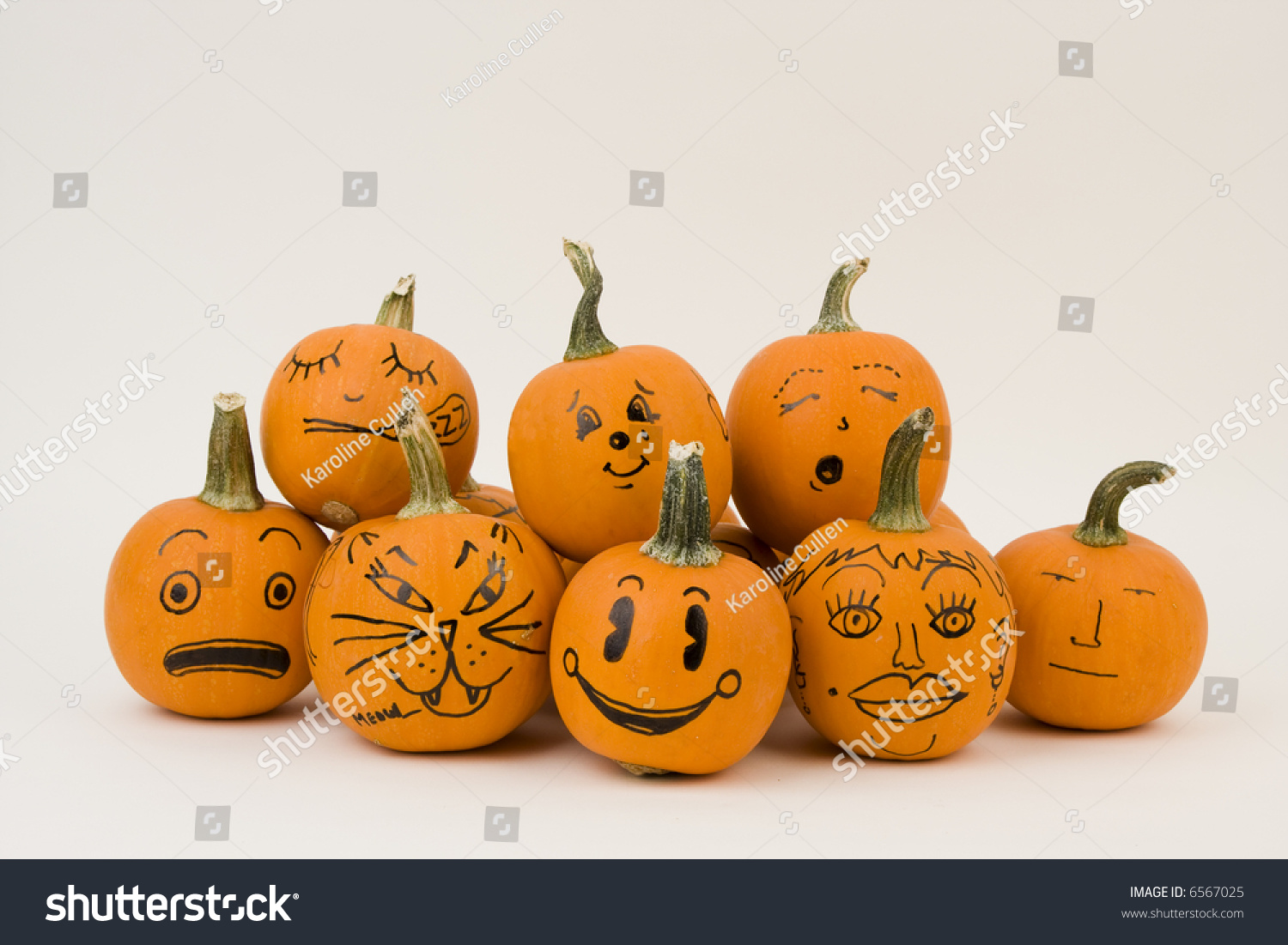 Bunch Minipumpkins Funny Faces Drawn On Stock Photo ...