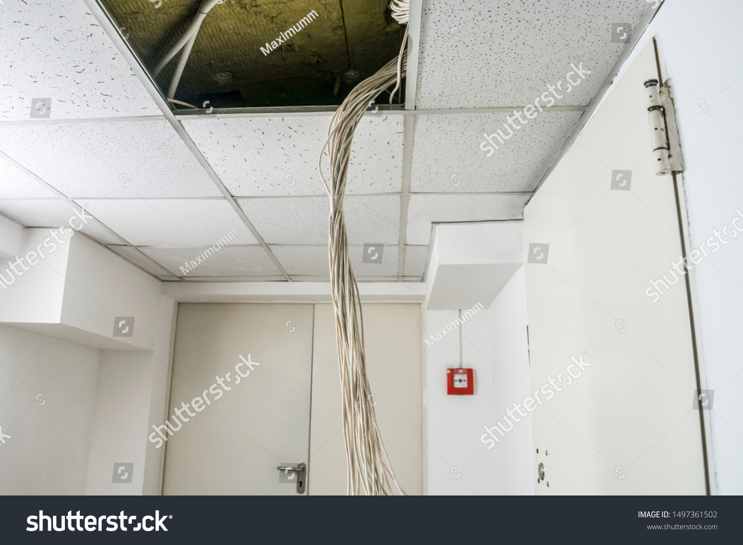 Bunch White Wires Hang Suspended Ceiling Royalty Free