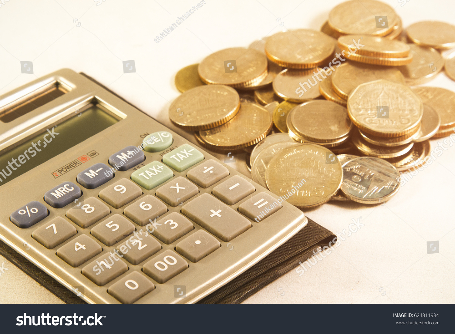 Calculator Coin Represents Money Calculation Money Stock Photo Edit Now 624811934