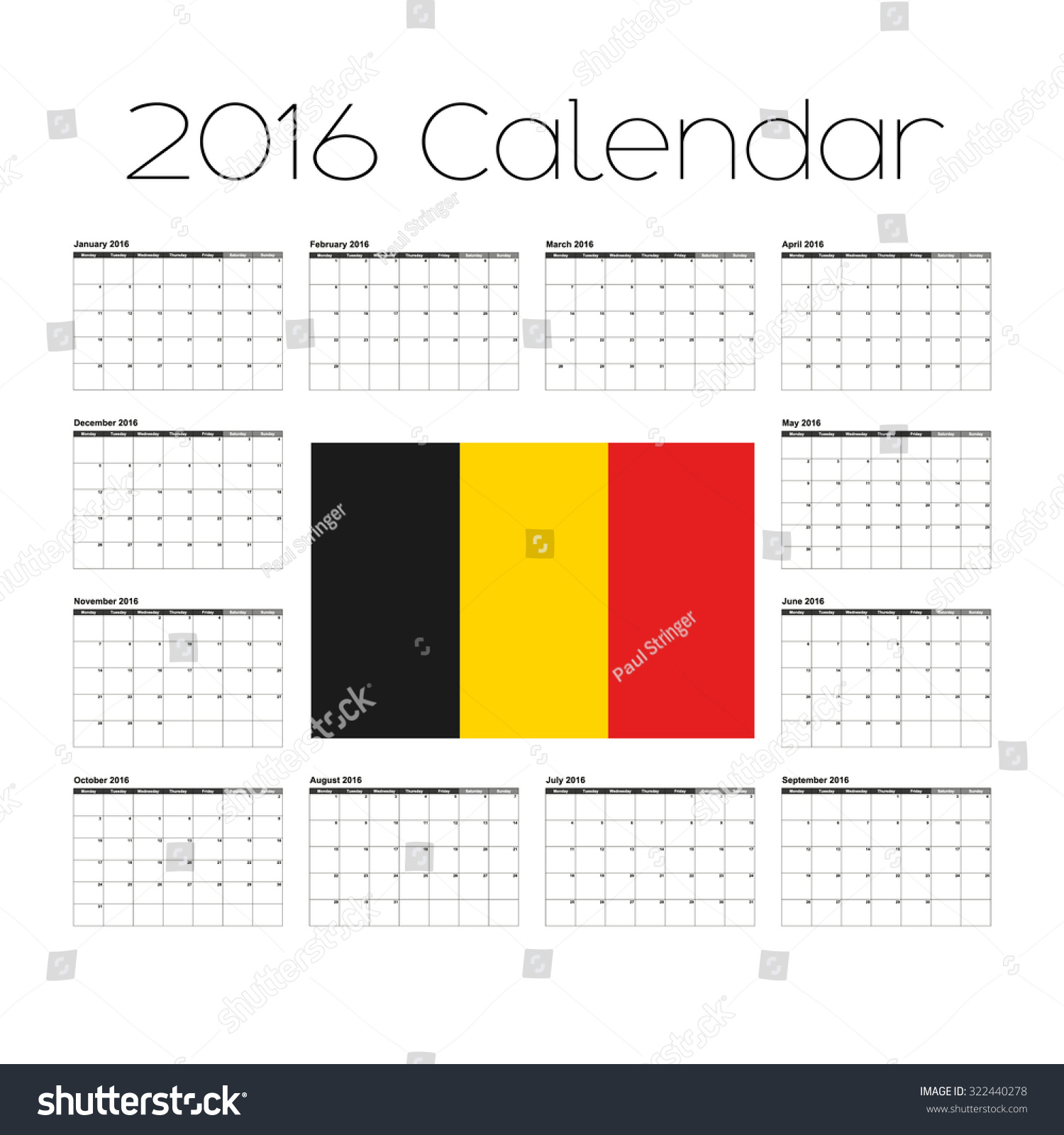 A 2016 Calendar With The Flag Of Belgium Stock Photo 322440278 ...