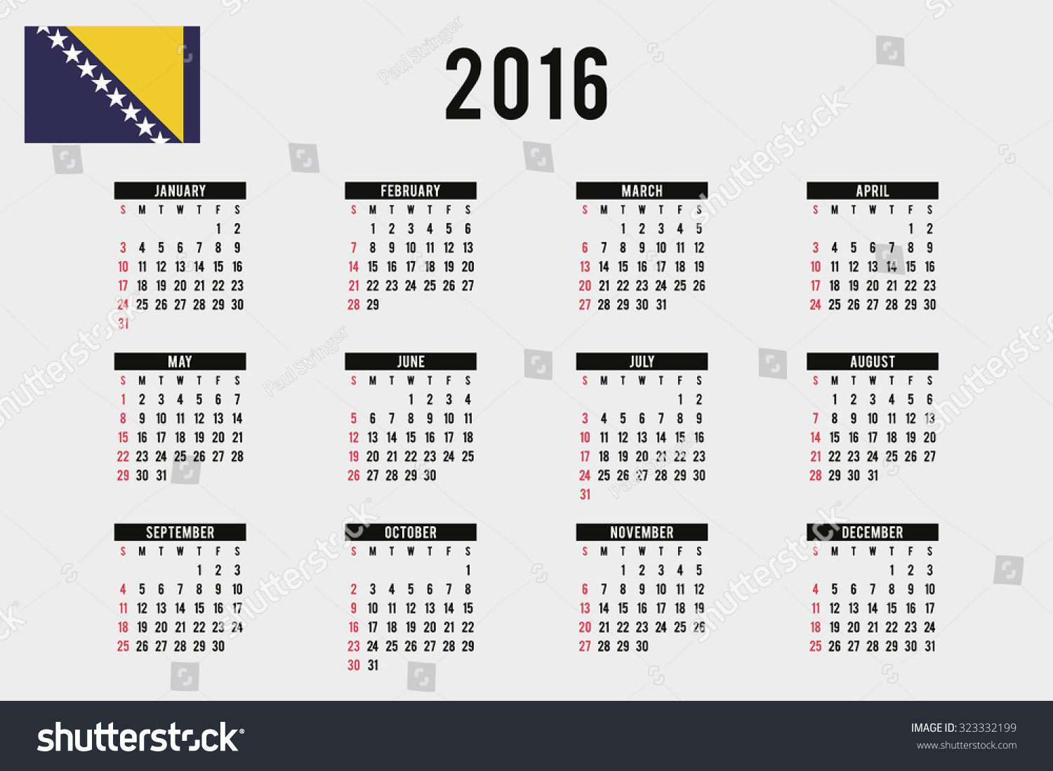 A 2016 Calendar With The Flag Of Bosnia Stock Photo 323332199