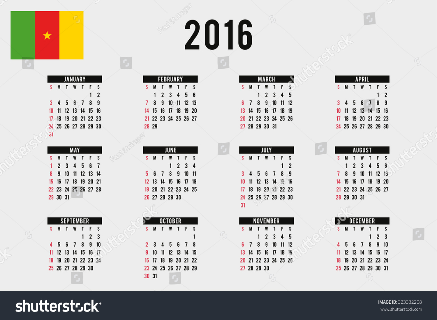 A 2016 Calendar With The Flag Of Cameroon Stock Photo 323332208 ...