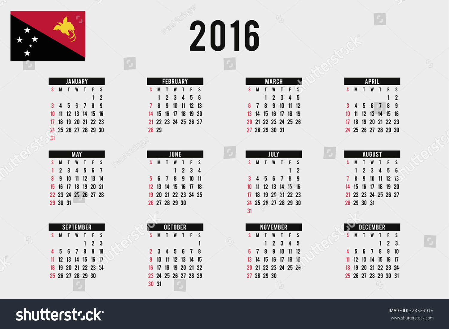 A 2016 Calendar With The Flag Of Papua New Guinea Stock Photo 323329919