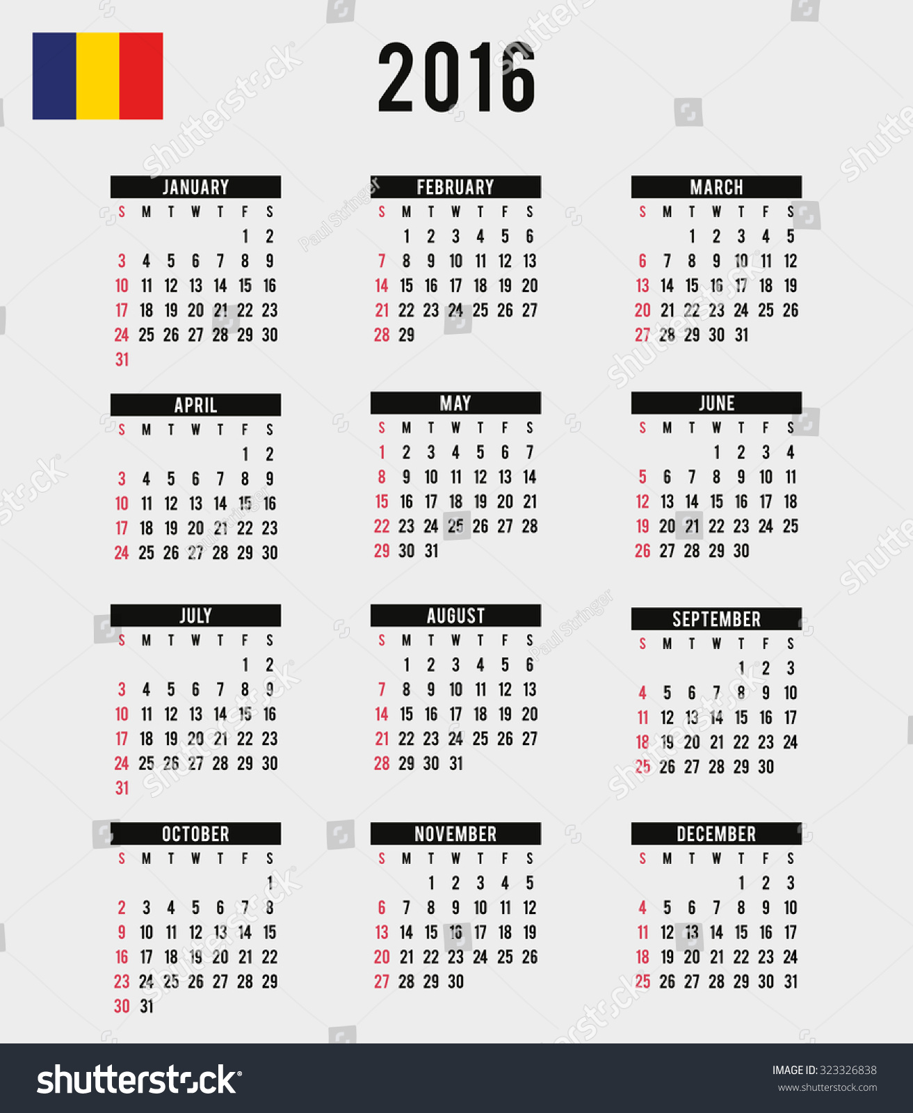 A 2016 Calendar With The Flag Of Romania Stock Photo 323326838 ...