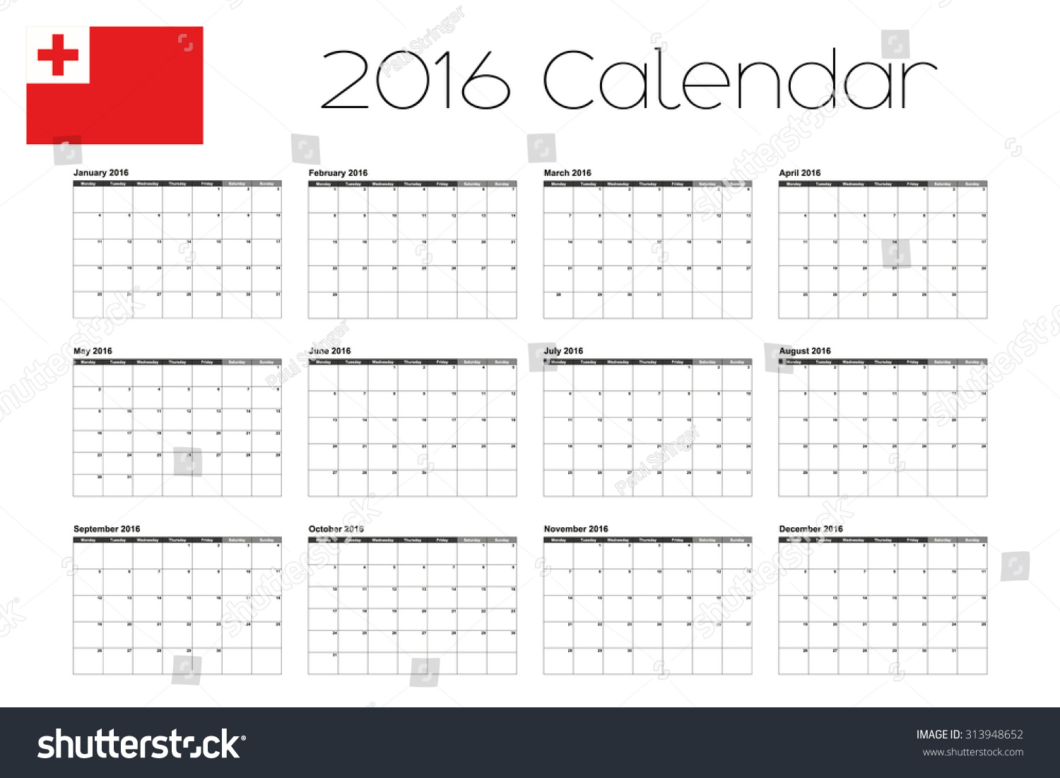 A 2016 Calendar With The Flag Of Tonga Stock Photo 313948652 : Shutterstock