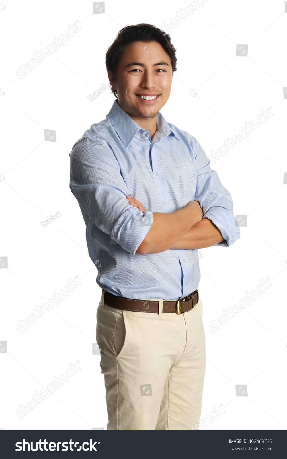 blue shirt with tan pants