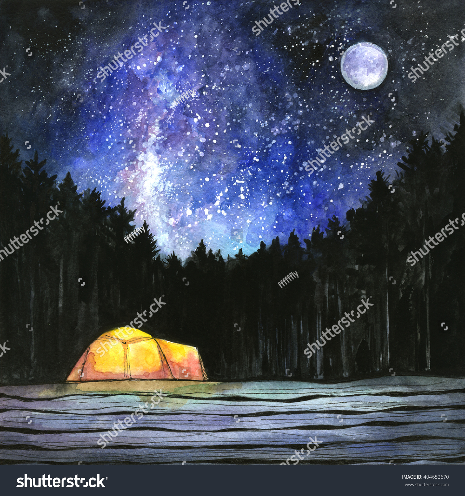 Camping Tent Glows Under Night Sky Stock Illustration