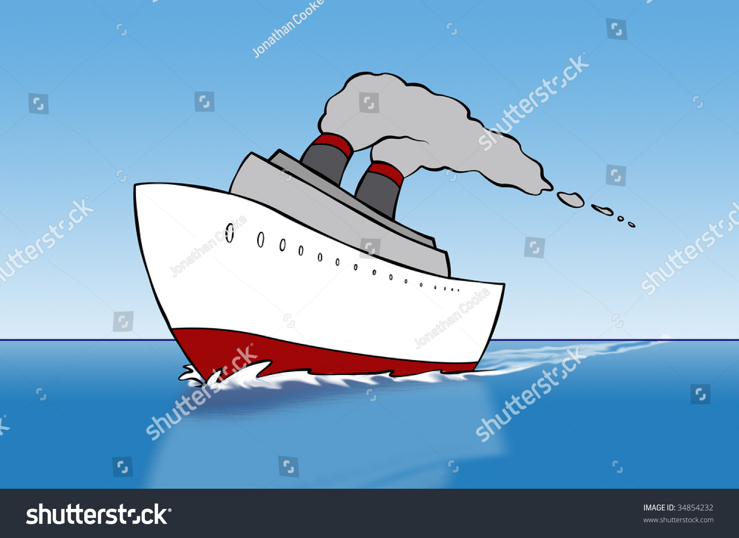 A Cartoon Cruise Ship Out On The Open Sea. Stock Photo 34854232 ...