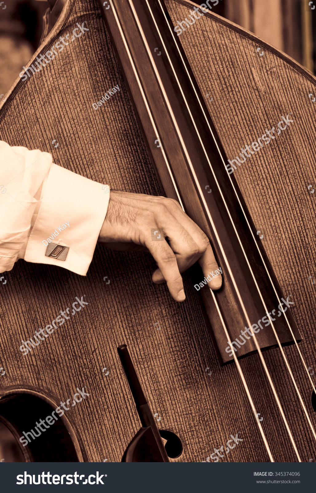 A Closeup Of A Bass Fiddle With The Hand Of The Musician Стоковые фотографии 345374096 