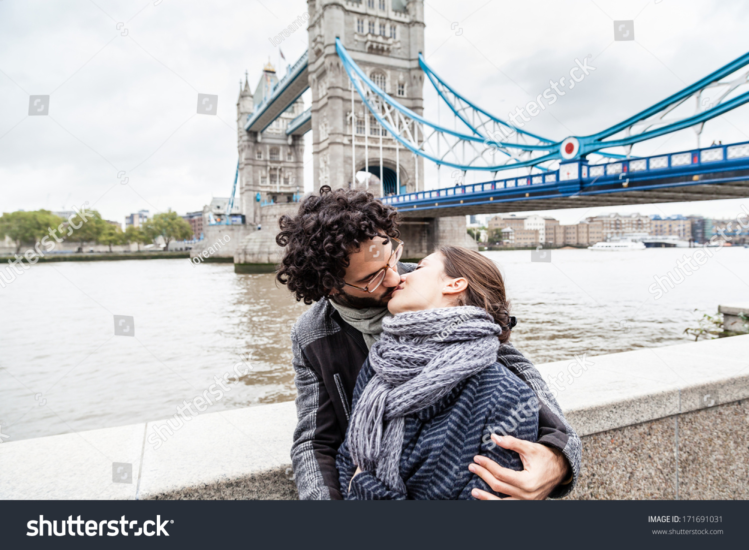 Couple Young Lovers Kissing Front Tower Stock Photo 171691031 ...