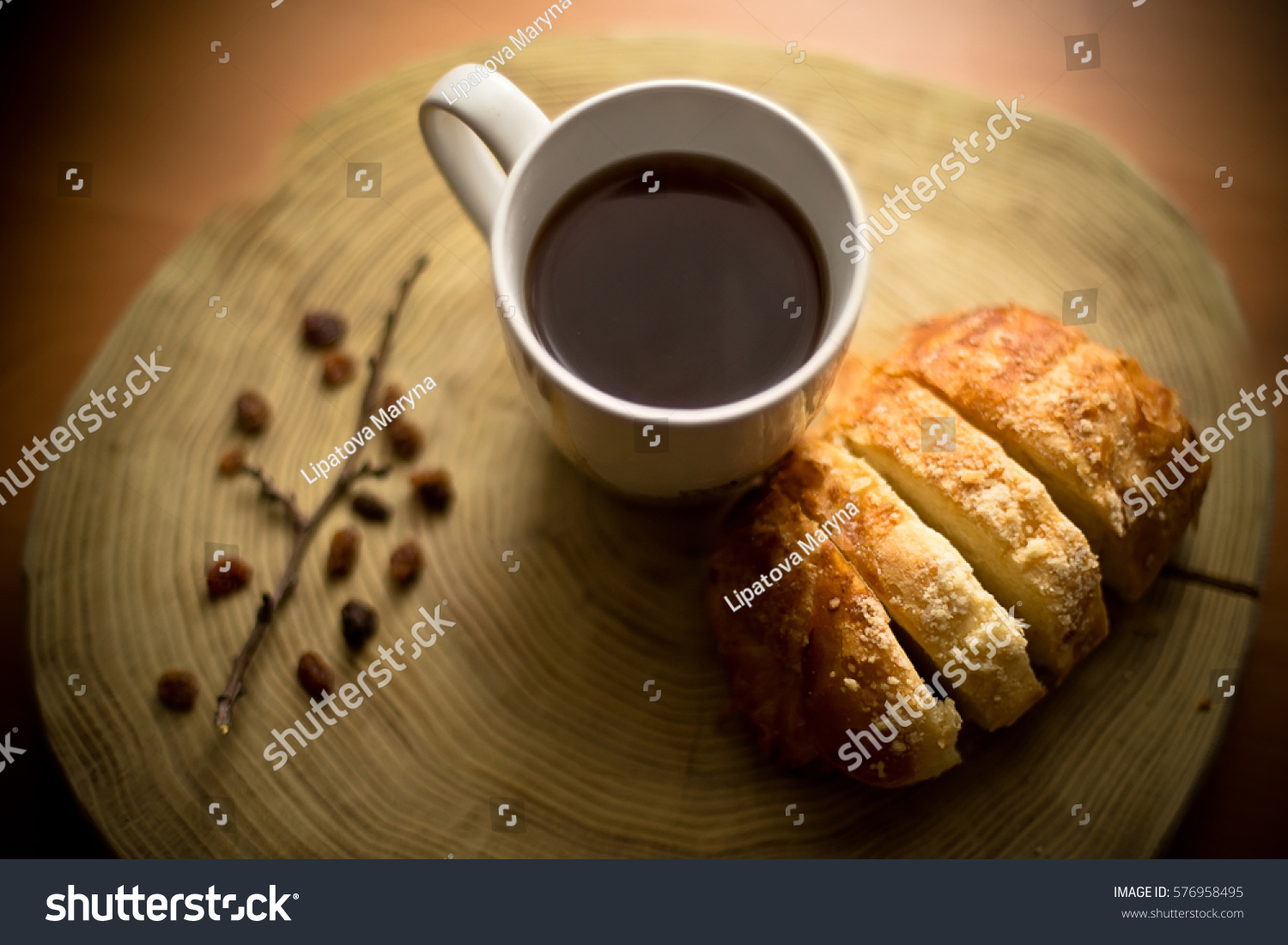 Cup Coffee Sweet Roll Sliced Wood Stock Photo Edit Now