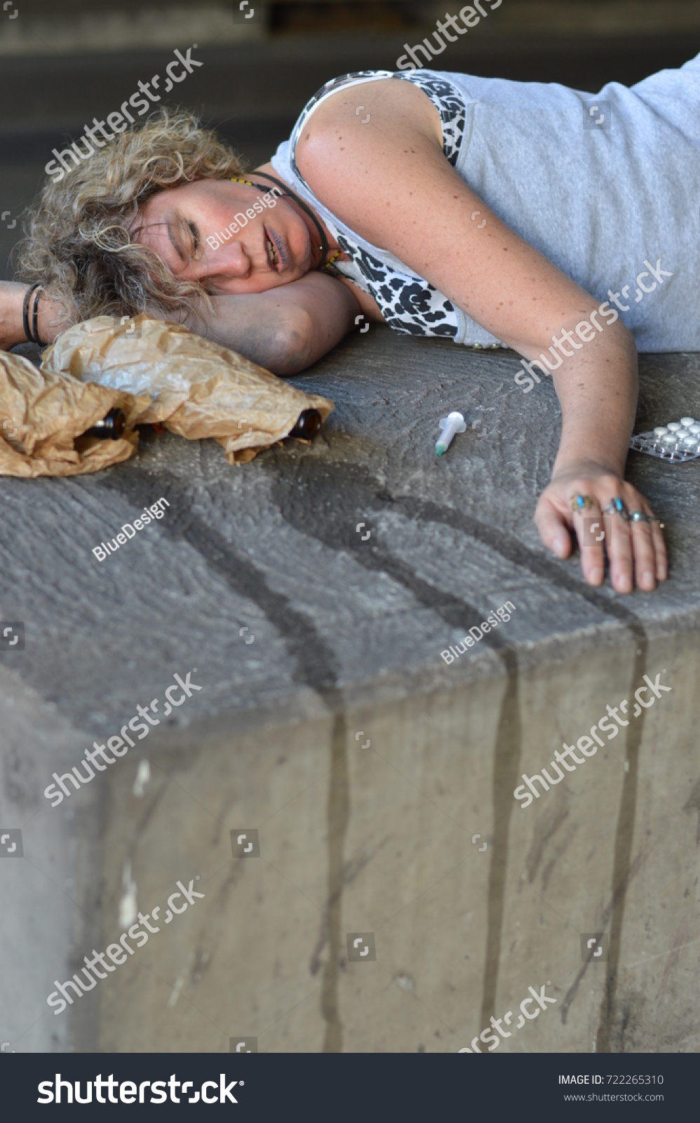 Drunk Homeless Woman Sleeping Under Bridge Stock Photo (Edit Now) 722265310