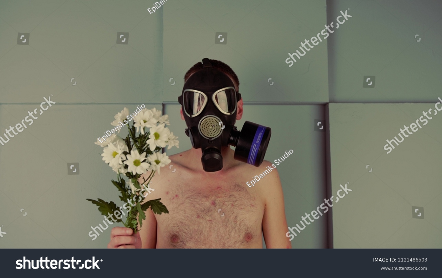 Faceless Shirtless Man Gas Mask Flowers Stock Photo Edit Now