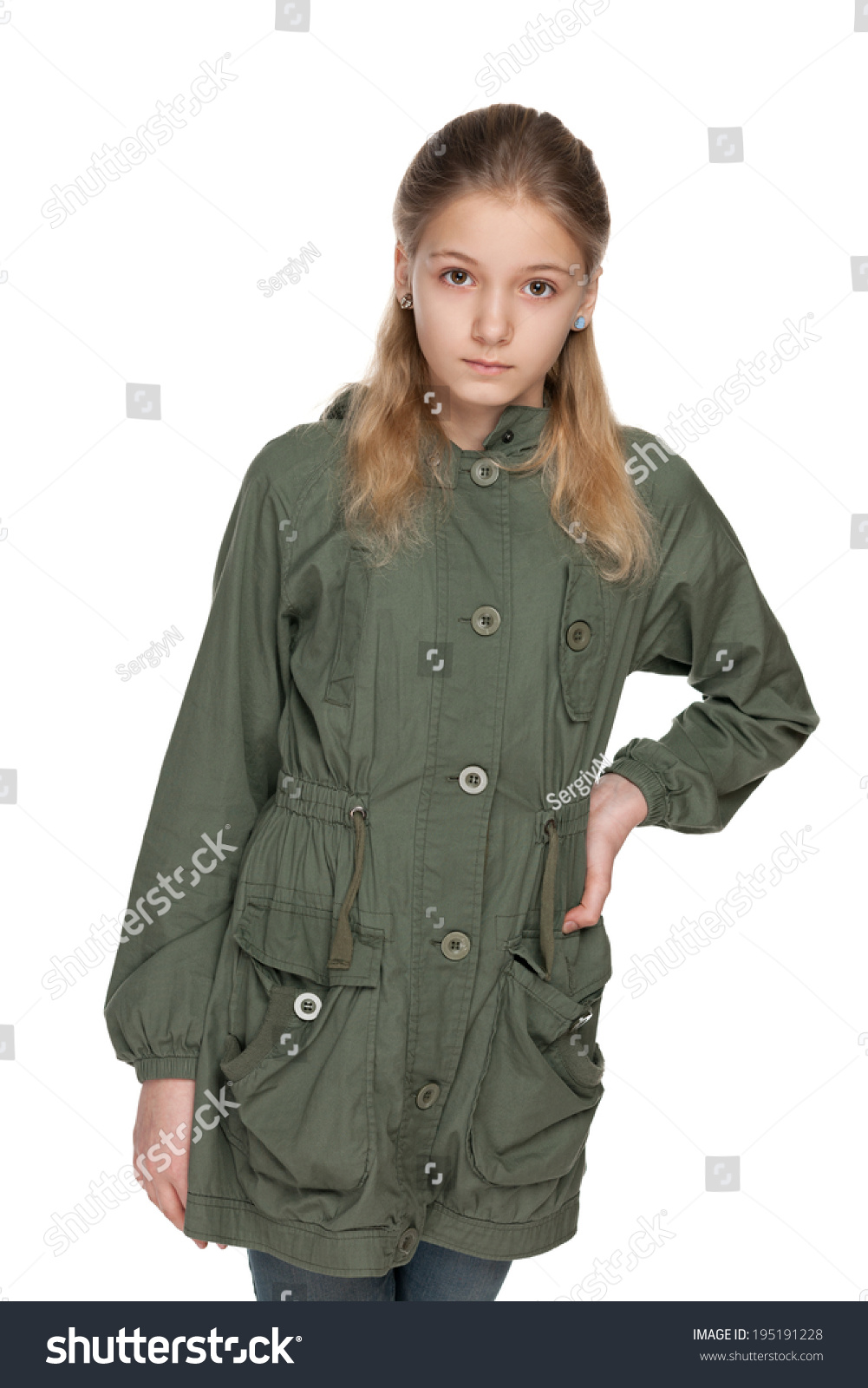 Fashion Preteen Girl Green Jacket On Stock Photo (Edit Now) 195191228