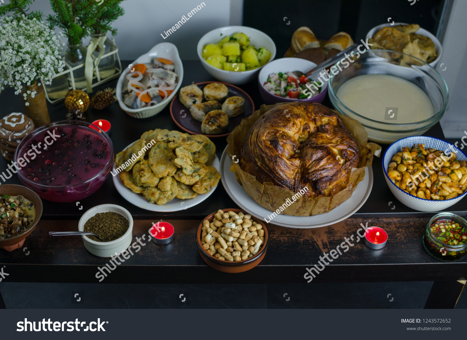 Festive Christmas Eve Dinner Table Many Stock Photo Edit Now 1243572652