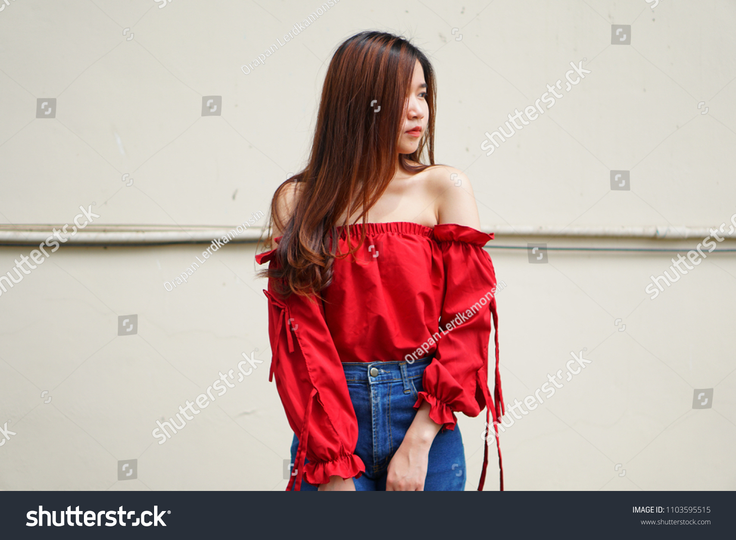 red open shoulder top