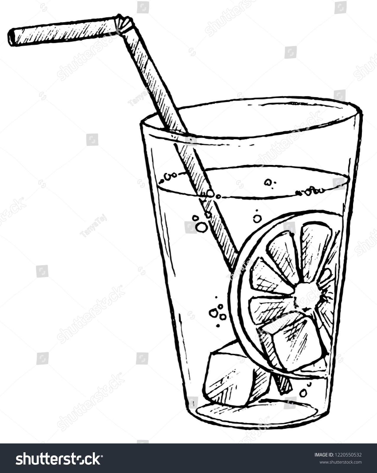 Glass Water Ice Lemon Graphic Drawing Stock Illustration