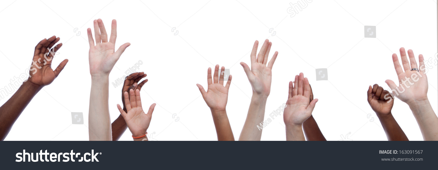 Group Multicultural Hands Raised Upward Stock Photo (Edit Now) 163091567