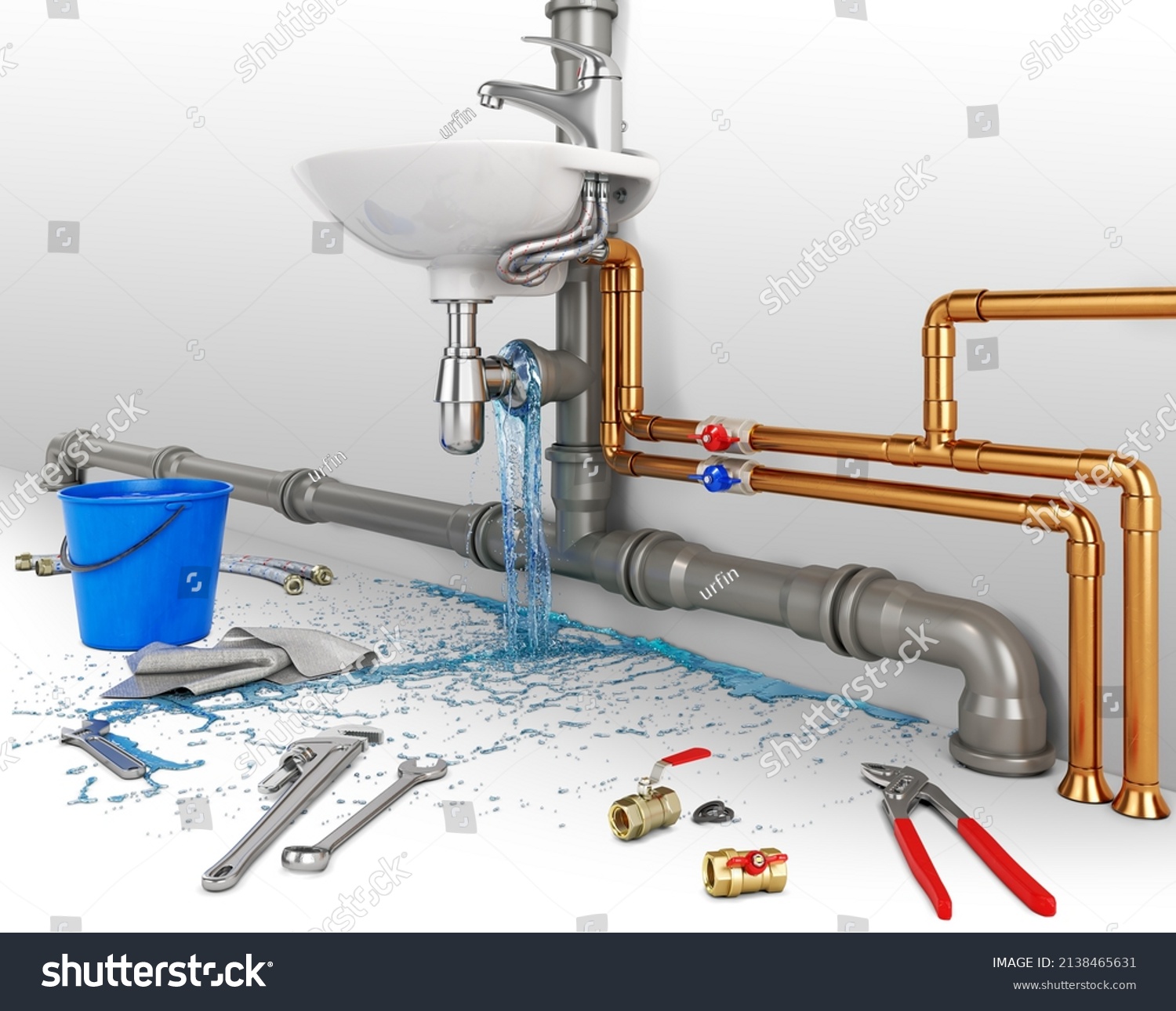 Leaking Under Sink Connected Pipes Water Stock Illustration 2138465631   Stock Photo A Leaking Under The Sink Connected To Pipes Water Drops Down Repair Equipment Around Isolated On 2138465631 