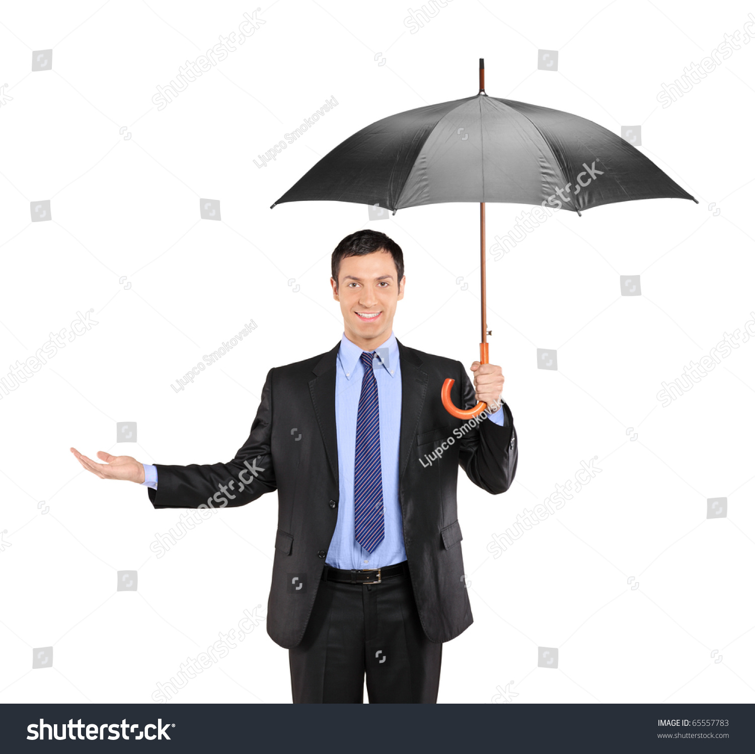 A Man Holding An Umbrella And Gesturing Isolated On White Background ...