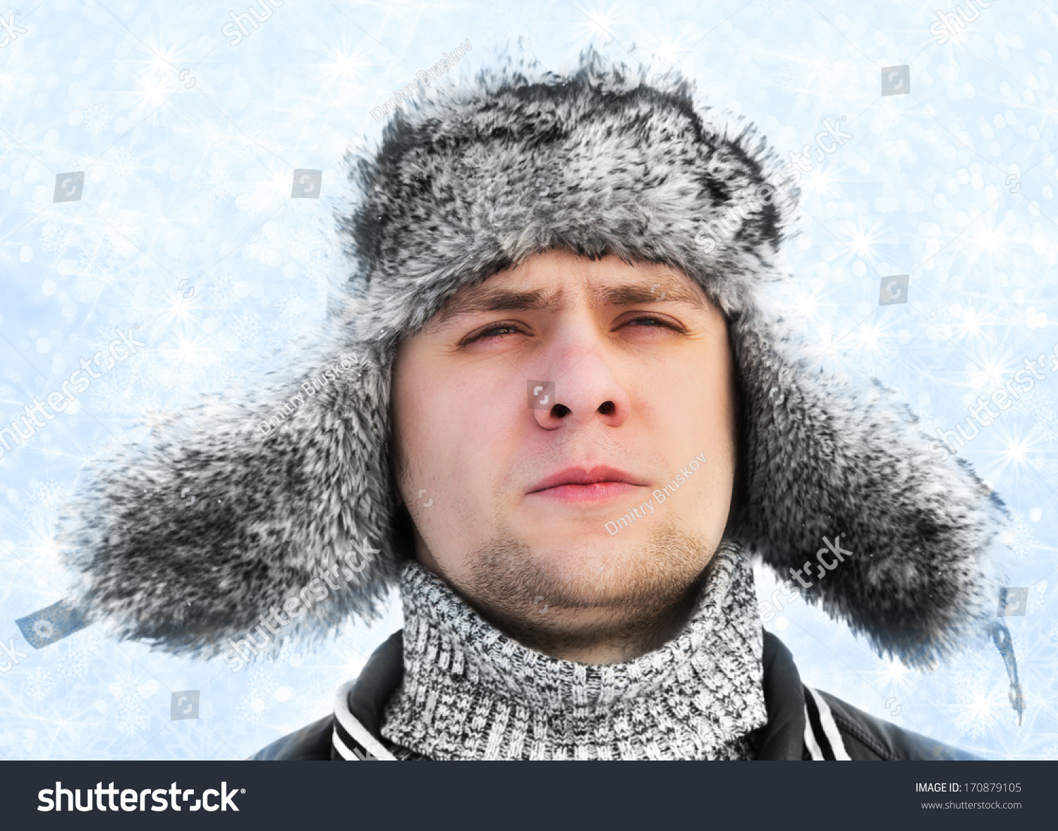 A Man In A Fur Winter Hat With Ear Flaps Stock Photo 170879105 ...