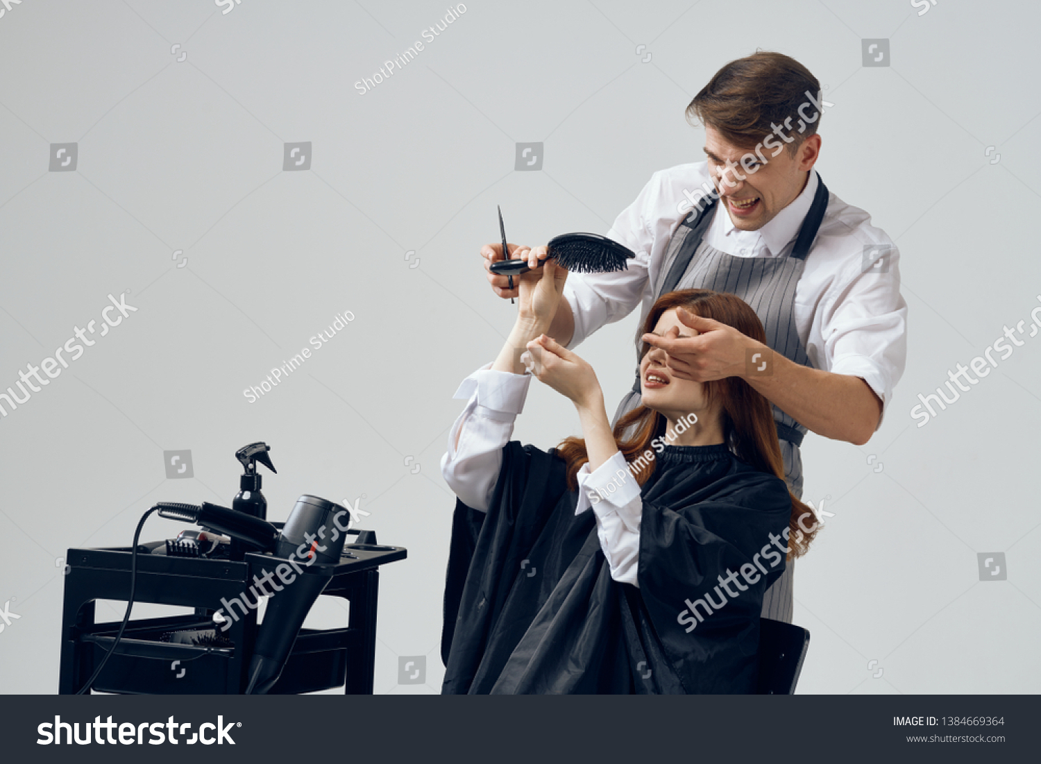 Man Gray Apron Scissors Comb Twisted Stock Photo Edit Now 1384669364