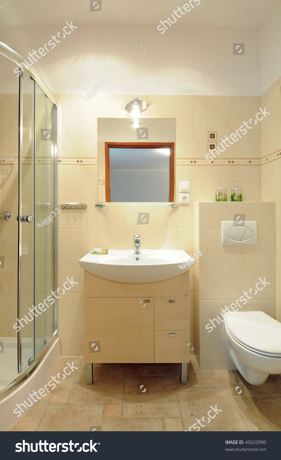 Modern Sink On Wooden Cupboard Tiled Stock Photo Edit Now 45022990