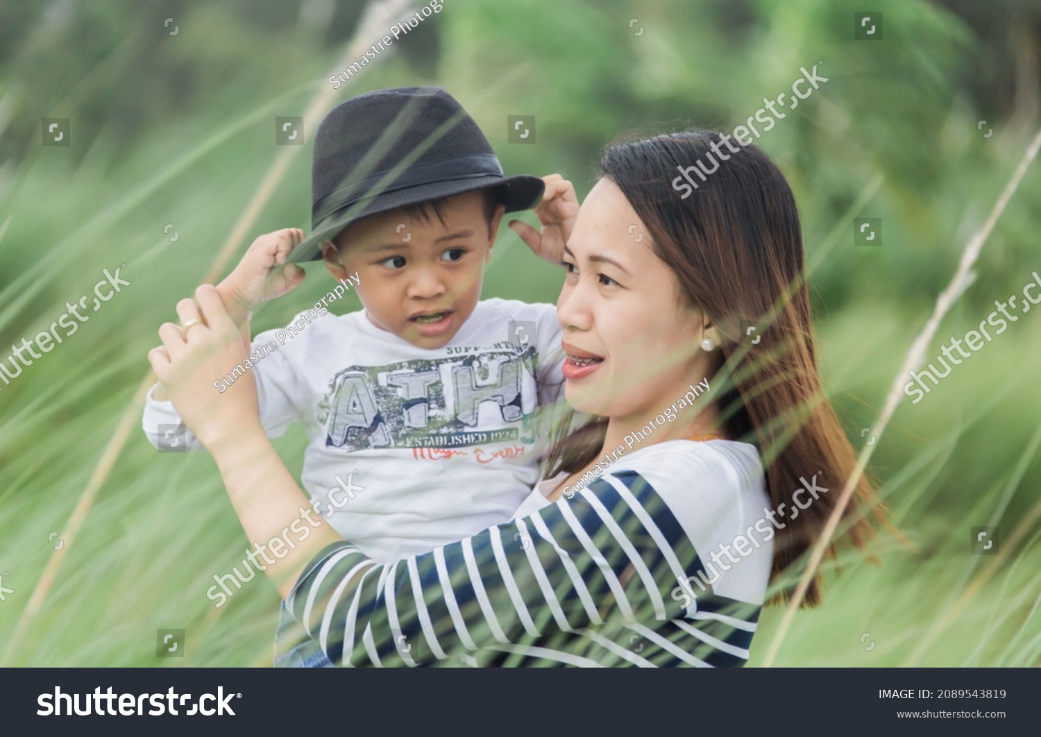 Mother Son Outdoor Portrait Grassy Background Stock Photo 2089543819 