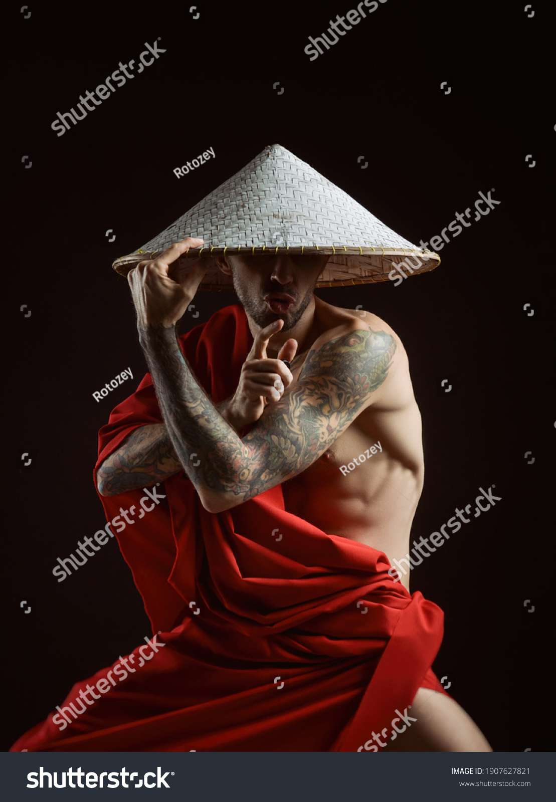 Naked Slender Samurai Man Red Raincoat Shutterstock