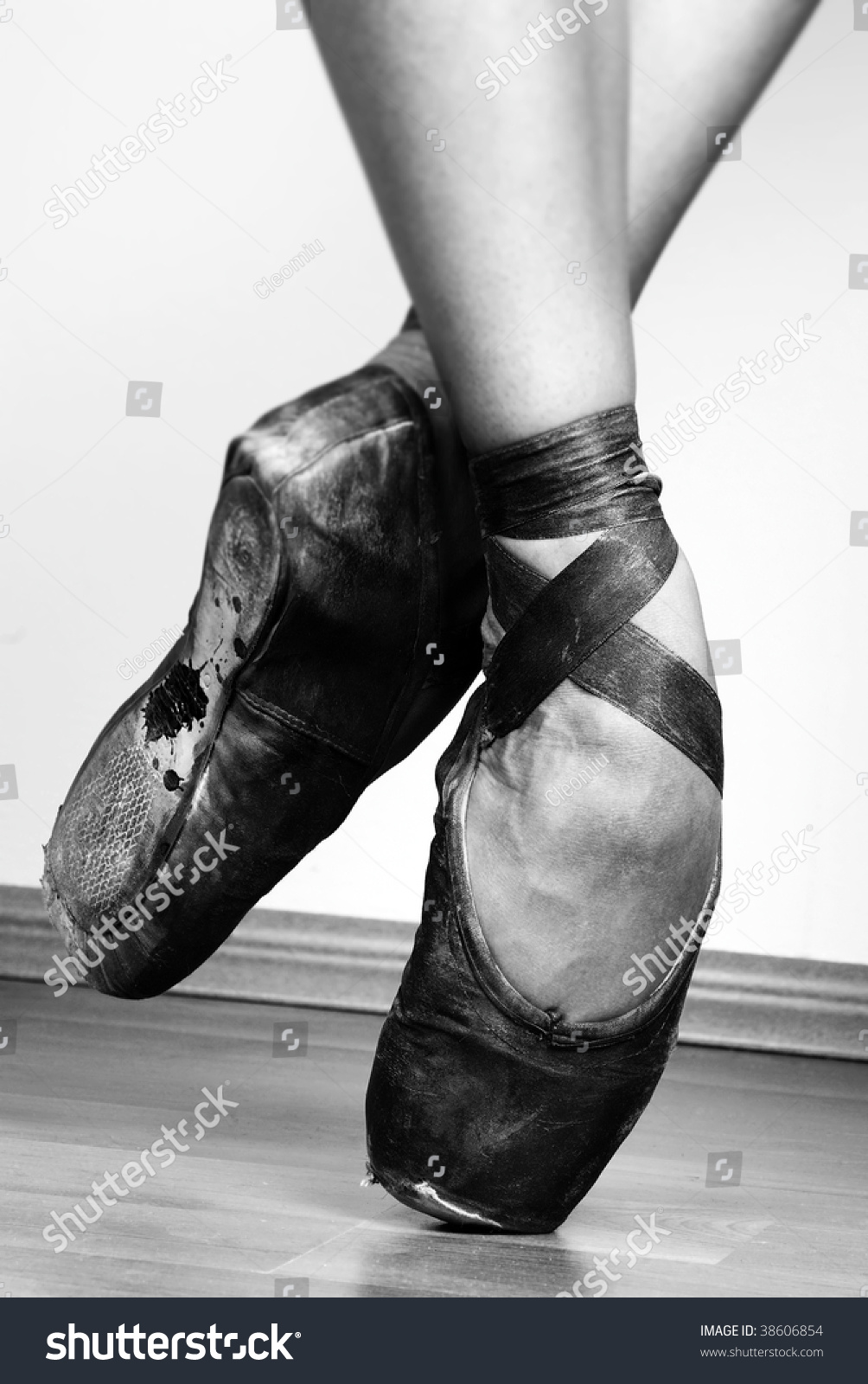 A Pair Of Well Worn Black Ballet Shoes, Studio Shot Black And White ...