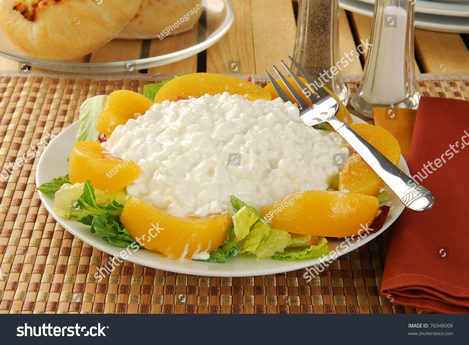 Plate Cottage Cheese Peaches On Bed Stock Photo Edit Now 76048009