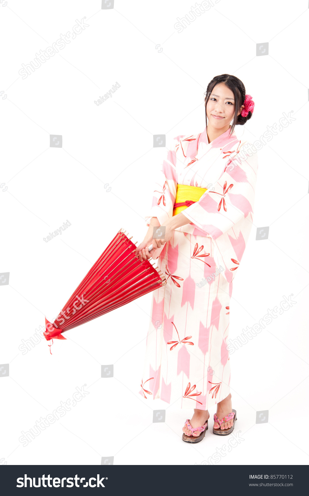 A Portrait Of Japanese Kimono Woman With Red Traditional Umbrella Stock ...