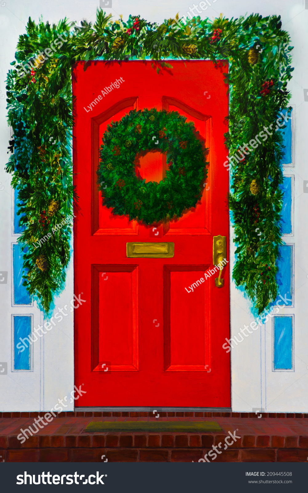 Red Front Door Has Evergreen Wreath Stock Illustration 209445508