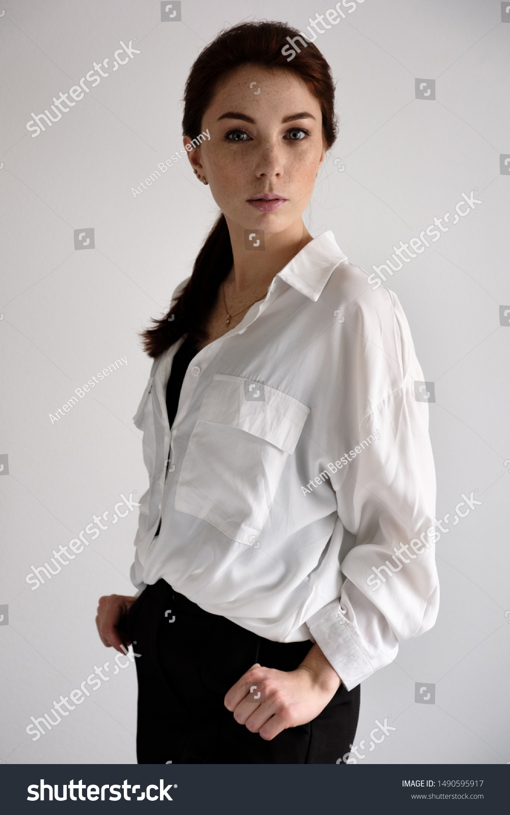 Redhaired Girl White Shirt Black Trousers Stock Photo Edit Now